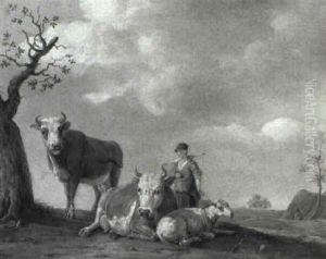 A Milkmaid With Cows And A Sheep By A Tree In A Landscape by Paulus Potter