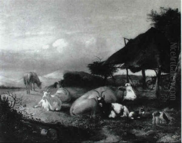 Goats And A Cow In Farmyard - view 1