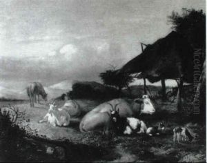 Goats And A Cow In Farmyard by Paulus Potter
