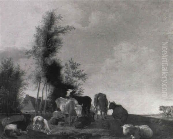 A Peasant Milking With Cattle, Sheep And Goats Nearby - view 1