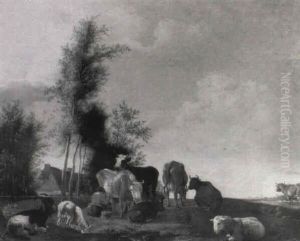 A Peasant Milking With Cattle, Sheep And Goats Nearby by Paulus Potter