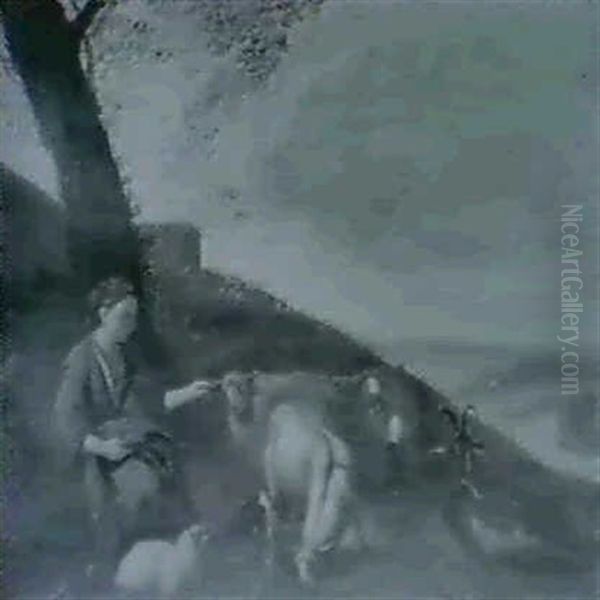 Landscape With A Young Girl Resting With Sheep, Goats And A Cow - view 1