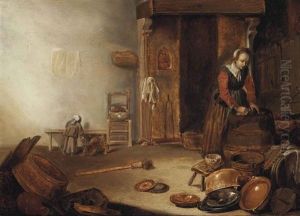 A Kitchen Interior With A Maid Cleaning, A Copper Pot, Wooden Barrels, Earthenware Plates And Other Objects, Together With A Child And A Dog by Pieter Symonsz Potter