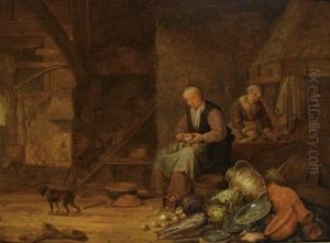 A Barn Interior With A Woman Peeling Onions And Another Woman Cleaning, A Still Life Of Pots, A Copper Jug And Plates, Cabbages, Onions And Fish In The Foreground, A Dog To The L by Pieter Symonsz Potter