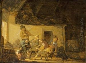 A Barn Interior With Peasants Singing And Smoking Around A Table Together With A Violin Player, And A Child Playing With A Dog