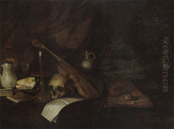 A Vanitas Still Life With A Violin, A Music Book, A Candlestick, A Skull, Books, A Conch Shell, A Pipe And Jugs, All On A Wooden Table - view 1