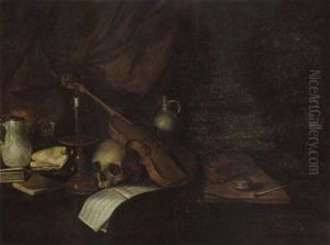 A Vanitas Still Life With A Violin, A Music Book, A Candlestick, A Skull, Books, A Conch Shell, A Pipe And Jugs, All On A Wooden Table by Pieter Symonsz Potter