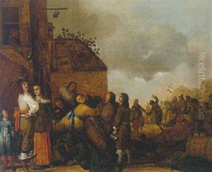 Soldiers And Women Carousing And Dancing Outside An Inn by Pieter Symonsz Potter