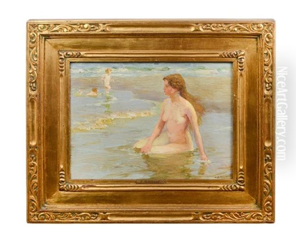 Lady Bather On The Shore With Children Frolicking - view 1