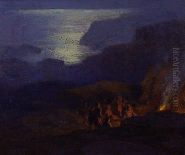 Moonlit Beach Scene With Figures Around A Campfire - view 1