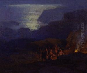 Moonlit Beach Scene With Figures Around A Campfire by Edward Henry Potthast