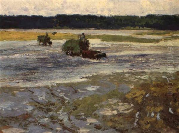 Haycart And Oxenn Wading Through Water - view 1