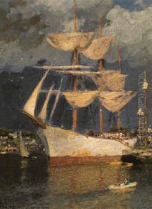 Masted Ship In Harbour by Edward Henry Potthast