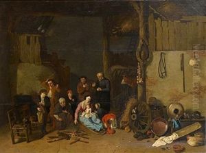 A Barn Interior With A Family Seated Around A Fire by Hendrick Potuyl