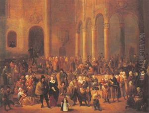A Market Square With Peasants, Beggars And Elegant Figures Before A Loggia by Hendrick Potuyl