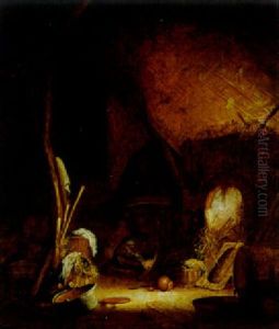 Ein Bauer In Der Scheune Am Kamin by Hendrick Potuyl