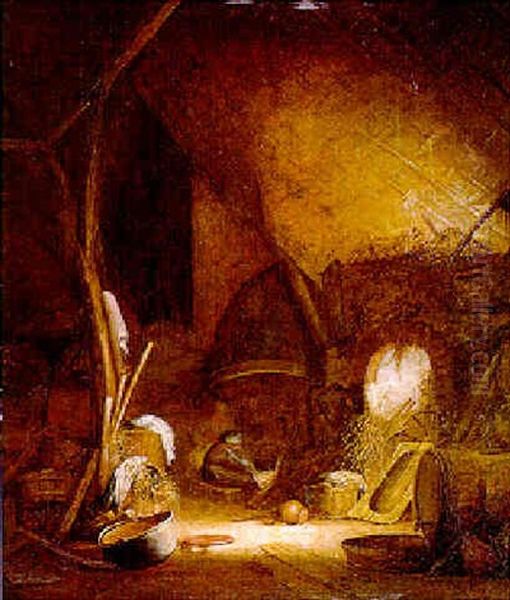 Scheuneninterieur Mit Einer Figur Am Kamin - view 1