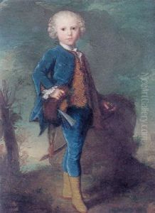Portrait Of A Young Boy In Blue, Standing In A Landscape by Claude Pougin de Saint-Aubin