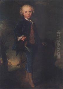 Portrait Of A Young Boy In Blue Standing In A Landscape by Claude Pougin de Saint-Aubin