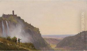 Extensive Italian Landscape By Waterfalls With Two Figures Pointing At The Valley by Antoine Felix Boisselier