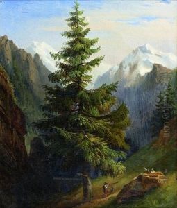 Paysage Alpestre Anime D'un Berger Et De Son Troupeau by Antoine Felix Boisselier
