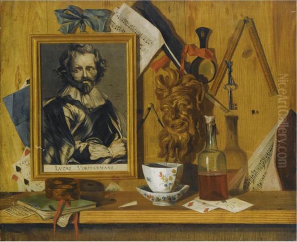 A Framed Lucas Vorsterman Print, A Gilt Plaster Head Of A Faun, Measure Devices And Musical Sheets, All Hanging Above A Ledge With A Chinese Cup And Varnish Bottle - view 1