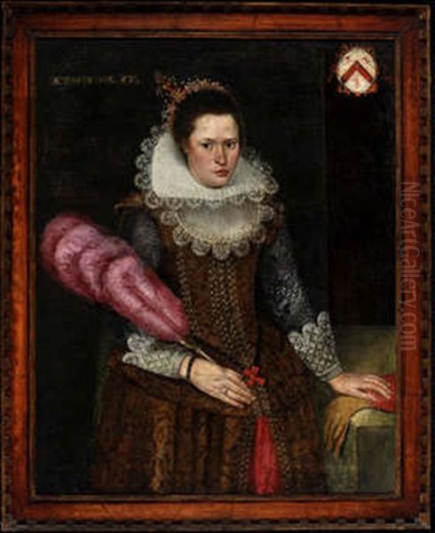 A Three-quarter Length Portrait Of A 17th Century Noblewoman Holding A Red Feather Fan - view 1