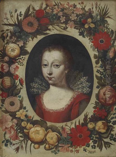 Portrait Of A Lady, Traditionally Said To Be Marie De Bourbon Montpensier, Duchesse D'orleans, Bust-length, Wearing A Red Dress With An Ornate White Lace Collar, In A Painted Oval, Surrounded By A Garland Of Flowers - view 1