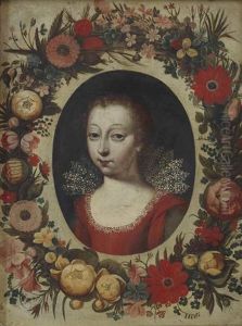 Portrait Of A Lady, Traditionally Said To Be Marie De Bourbon Montpensier, Duchesse D'orleans, Bust-length, Wearing A Red Dress With An Ornate White Lace Collar, In A Painted Oval, Surrounded By A Garland Of Flowers by Frans Pourbus the Elder