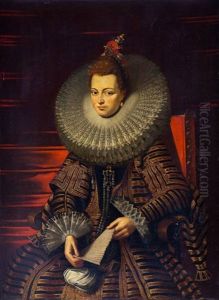 Retrato De Isabel Clara Eugenia De Austria, Sentada, De Un Poco Mas De Medio Cuerpo, Con Un Abanico En La Mano Izquierda