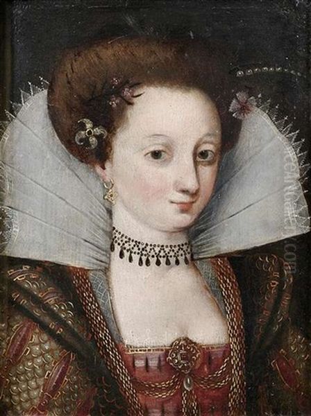 Bildnis Einer Dame In Festkleidung Nach Der Spanischen Mode Mit Hochgestelltem Spitzenkragen Und Dunklem Samtkleid Mit Goldenen Ketten - view 1
