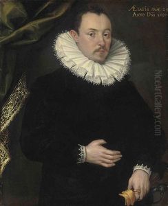 Portrait Of A Gentleman, Aged 29 In A Black Coat And White Ruff, Gloves In His Left Hand