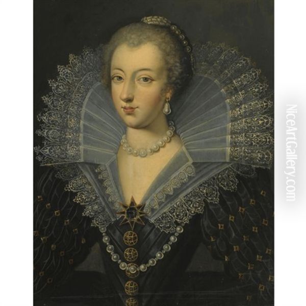 Portrait Of A Lady In An Ornate Black Dress With A Lace Ruff - view 1
