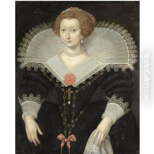 A Portrait Of A Lady, Three-quarter Length, Wearing A Black Dress And White Lace Collar - view 1