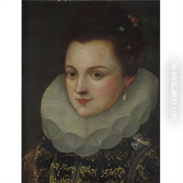 Portrait Of A Lady Wearing A Black Dress With Gold Brocade And A White Ruff - view 1