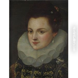 Portrait Of A Lady Wearing A Black Dress With Gold Brocade And A White Ruff