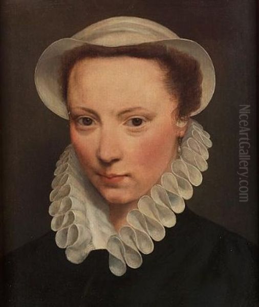 Portrait Of A Young Lady, Head And Shoulders, In Black Costume With A Ruff And A Cap - view 1
