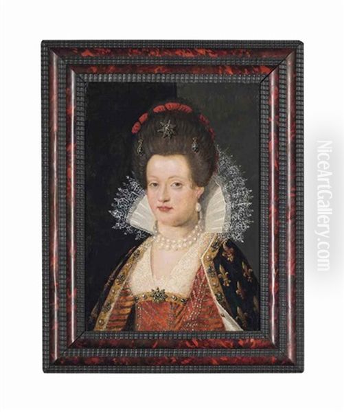 Portrait Of Marie De' Medici, Queen Of France (1575 -1642), Bust-length, In A Red Embroidered Dress With A Lace Collar And Pearl Necklace - view 1