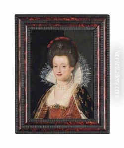 Portrait Of Marie De' Medici, Queen Of France (1575 -1642), Bust-length, In A Red Embroidered Dress With A Lace Collar And Pearl Necklace by Frans Pourbus the younger