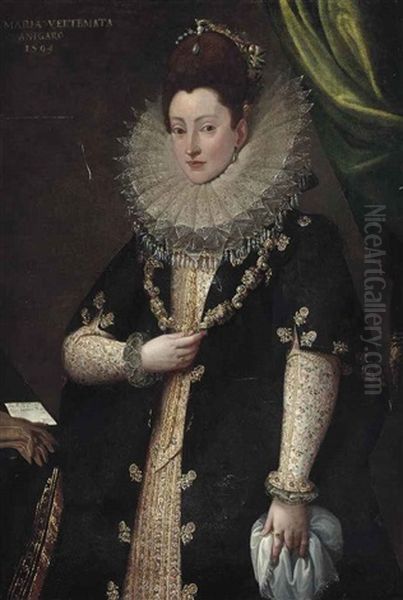 Portrait Of Maria Vertemata, In A Richly Embroidered Oyster Dress And Bejewelled Black Dress, With A Gold Chain, Before A Draped Curtain - view 1