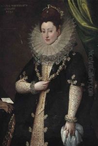 Portrait Of Maria Vertemata, In A Richly Embroidered Oyster Dress And Bejewelled Black Dress, With A Gold Chain, Before A Draped Curtain