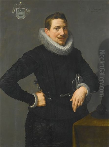 Portrait Of A Gentleman, Half Length, Standing Beside A Table With His Left Arm Resting On A Sword - view 1