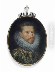 Archduke Albert Vii Of Austria (1559-1621), In Armour With Elaborate Gilt Decoartion, Wearing The Chain Of The Order Of The Golden Fleece, Triple Lace Ruff, Moustache And Small Beard, Gold Border by Frans Pourbus the younger