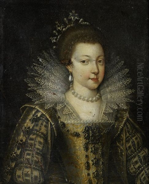 Portrait Of A Young Lady, Possibly Elizabeth Of France, Bust-length, In A Gold-embroidered Dress, A Lace Collar, With A Pearl Necklace And Earrings - view 1