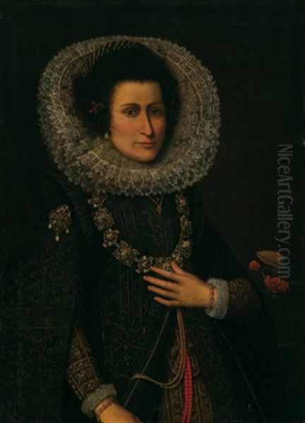 Bildnis Einer Dame In Schwarzem Kleid Mit Spitzenkrause Und Kostbarem Renaissancecollier, Armband Und Brosche - view 1