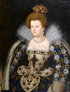 Portrait Of Maria De Medici, Three-quarter-length, In Blue Costume Decorated With White Ribbons, Pearls And Fleurs-de-lys by Frans Pourbus the younger