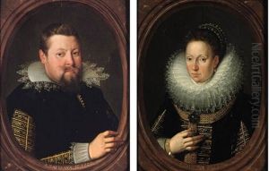 Portrait Of A Gentleman, In A Black Doublet With Gold Brocade And A Lace Collar (+ Portrait Of A Lady, Aged 37, In A Black Dress With Gold Brocade And A Lace Ruff; Pair) by Frans Pourbus the younger