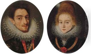 Portrait Of A Gentleman In A Black Doublet With A Lace Ruff, Wearing A Gold Chain (+ Portrait Of A Lady In A Black Dress With A Lace Trimmed Collar And Ruff And A Gold Chain; Pair)