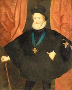 Portrait Of Henri Iv (1553-1610), Three-quarter Length, Wearing Black And The Order Of The Saint Esprit, Before Red Curtains by Frans Pourbus the younger