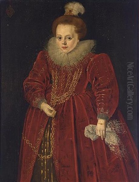 A Portrait Of Catherine D'arckel, Aged 8, Wearing A Red Dress With A White Lace Collar, A Feather Bonnet And A Golden Chain - view 1